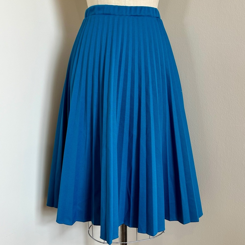 VTG 70s Montgomery Ward Pleated Skirt Midi USA Peacock Blue Lyons Teal Sz M - Picture 3 of 5